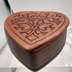 Heart-Shaped Wooden Trinket Box With Carved Lid 5" x 5" x 2"